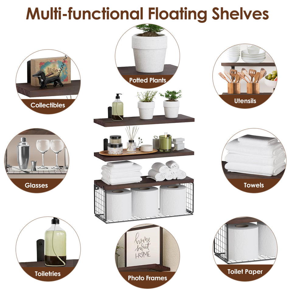 2 In 1 Floating Shelves Wall Mounted With Storage Basket Bathroom Shelves Over Toilet Wooden Shelves For Bedroom Living Room Kitchen Office Wall Decor Plants